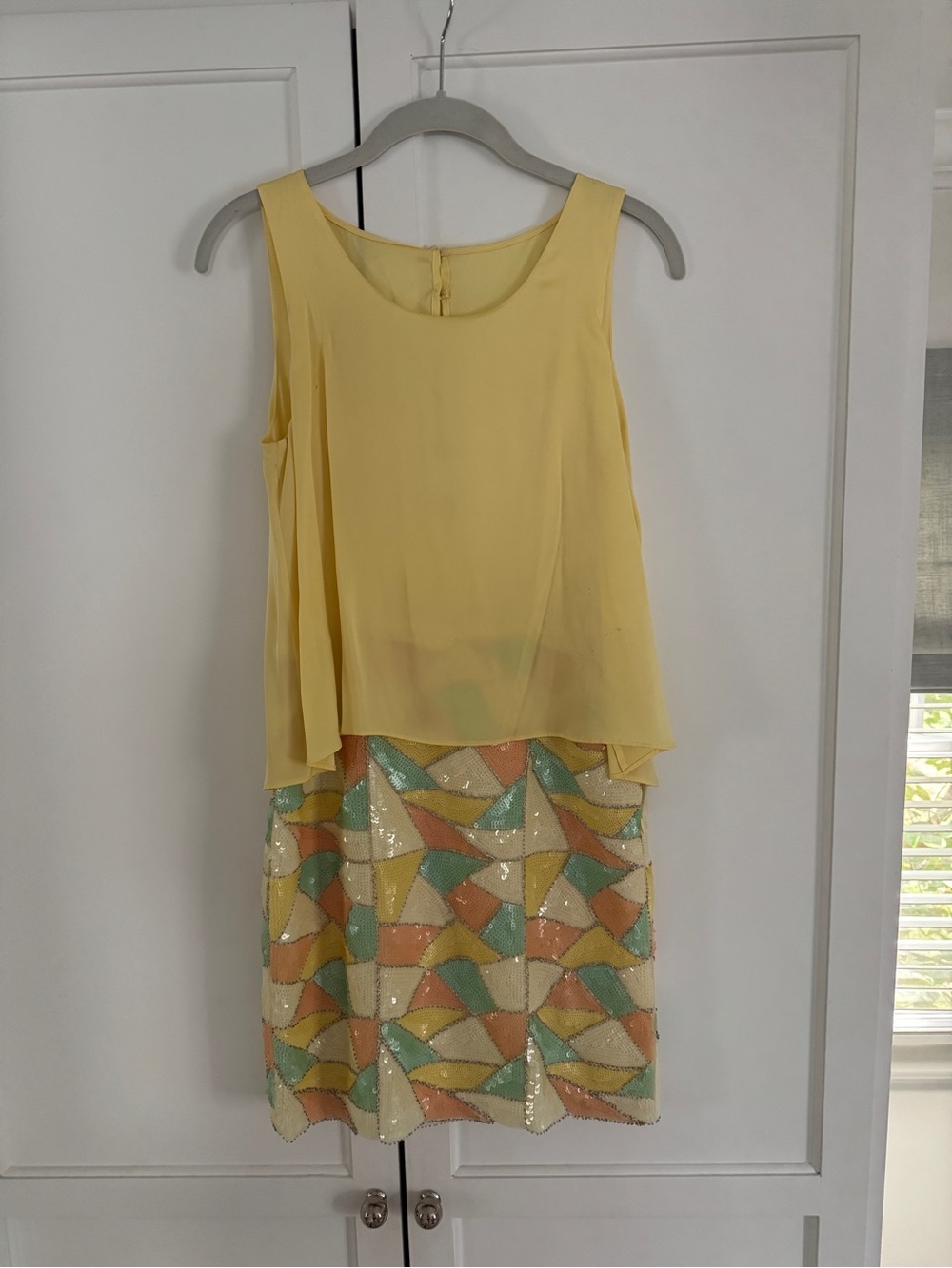 Ali Ro Yellow Silk Tank with Geometric Sequin Skirt